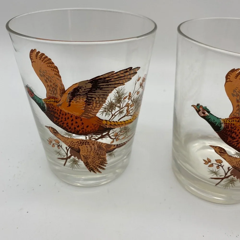 Vintage Pheasant Game Bird Drinking Glass Set of 2 Clear Tapered MCM Barware
